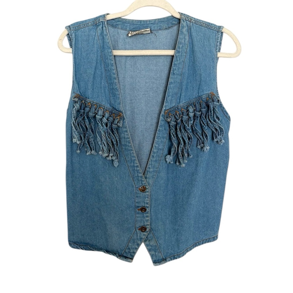 Vintage Denim Vest With Fringe Button Down Tie Back Blue Womens Large Adjustable